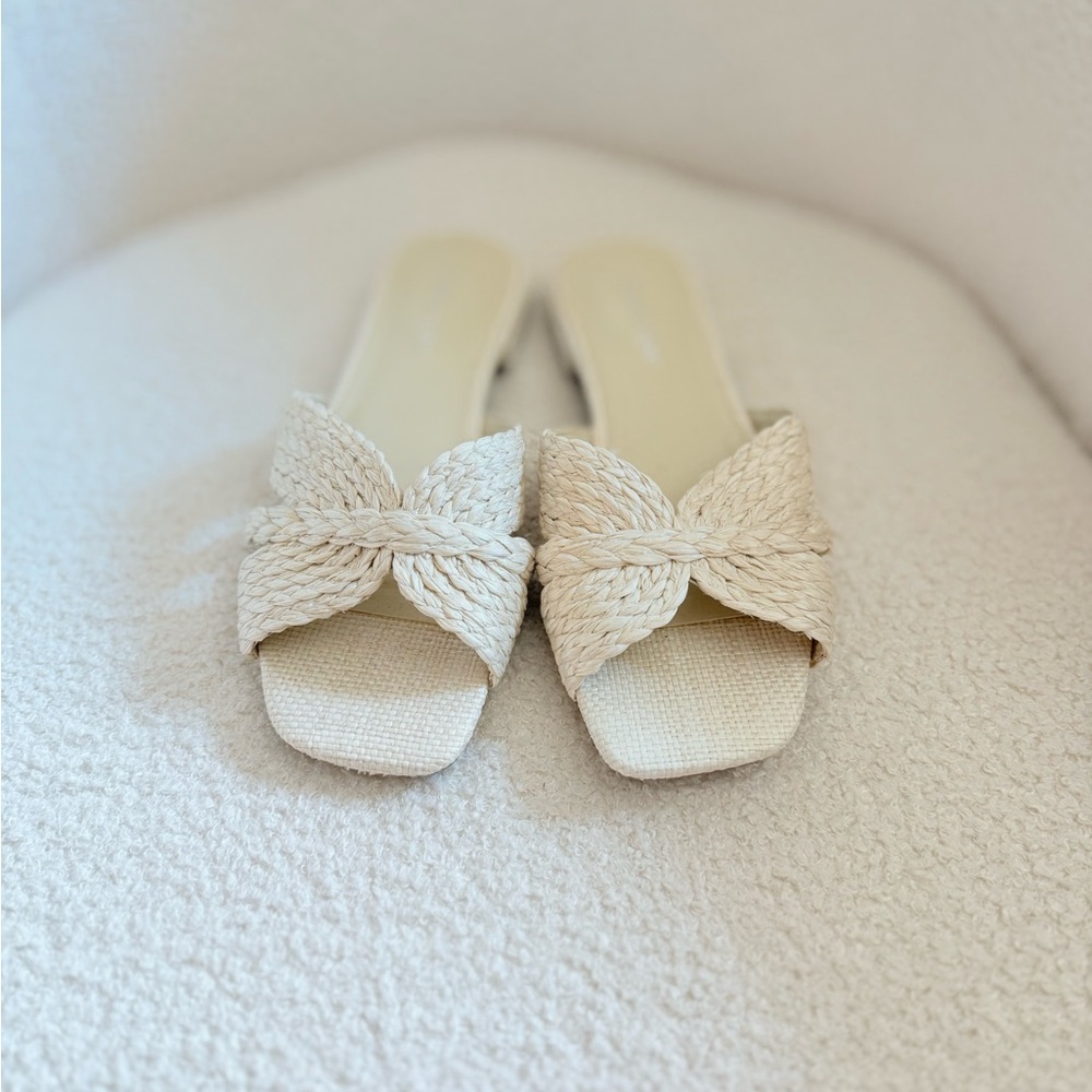 Calvin Klein Cream Woven Slide Sandals